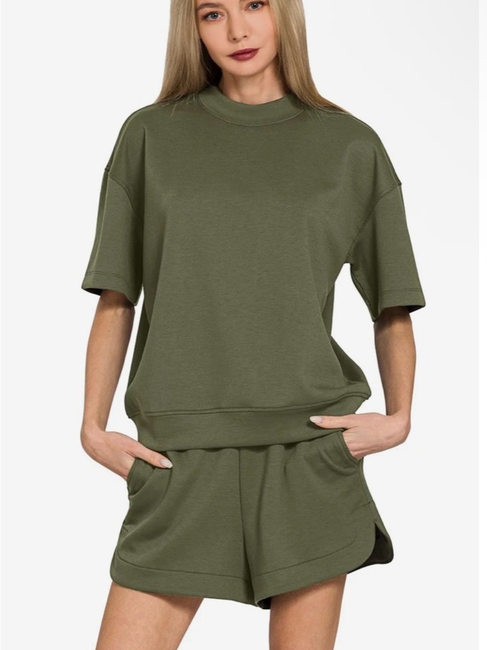 Zenana Olive Green Scuba Shorts Set